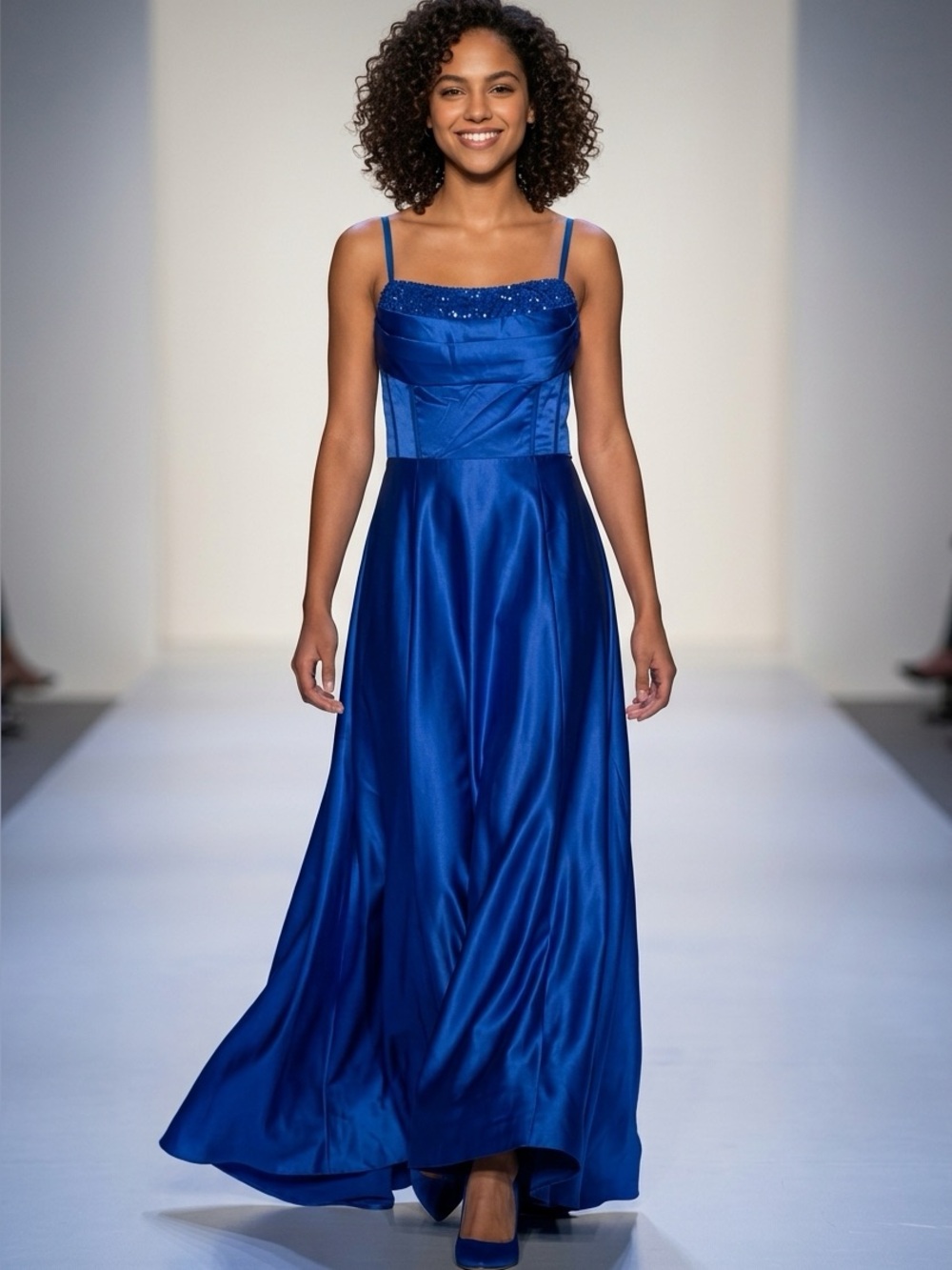 Royal Blue Satin Evening Gown with Beaded Bodice